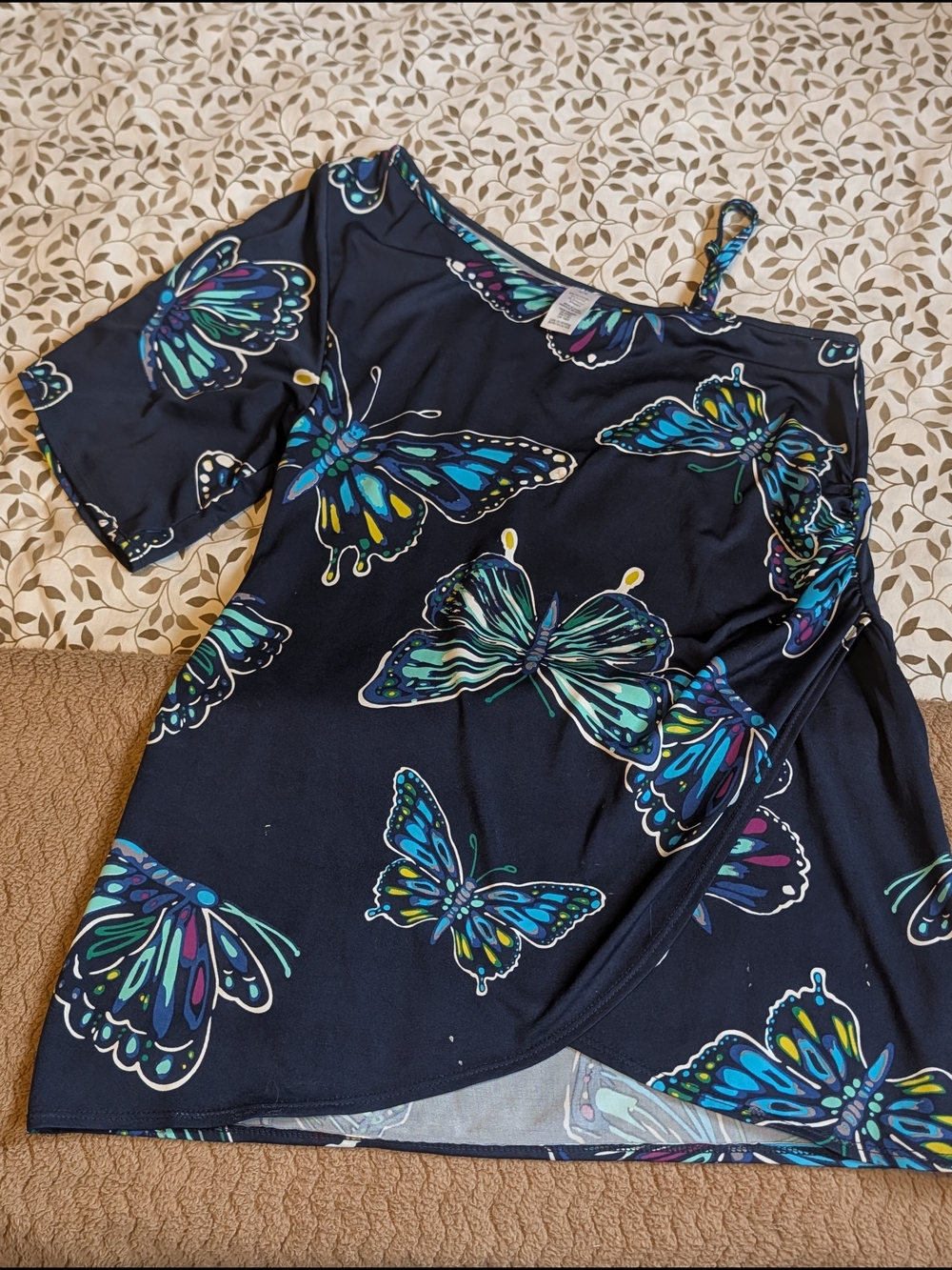Women’s Navy Butterfly Print Cold-Shoulder Top